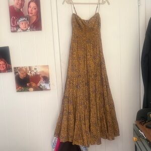 Free People Mustard Floral Maxi Dress with Spaghetti Straps festival cover up